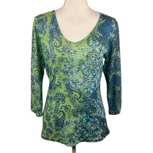 JM Collection Y2K 90's Floral Green Blue Fairy Grunge 3/4 Sleeve Top Size Medium